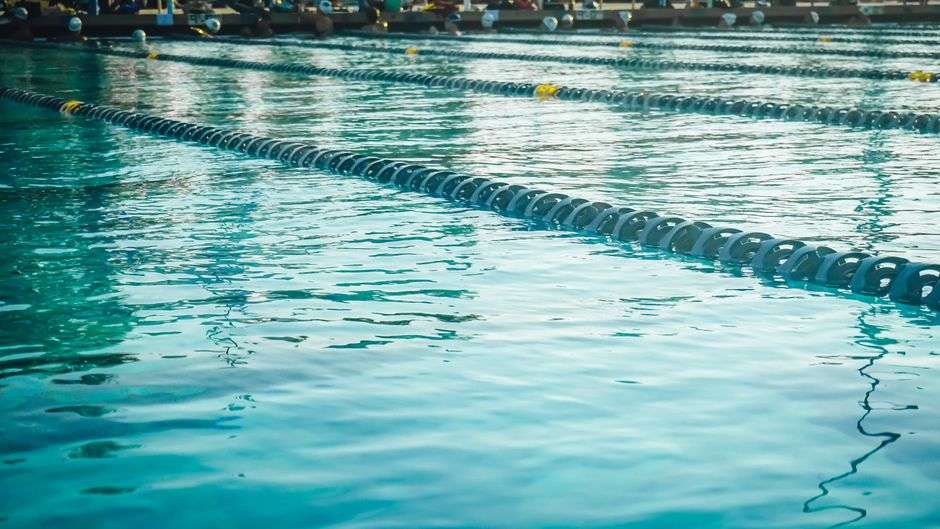 Swimmers practicing laps in lane lines at a sunlit outdoor swimming pool