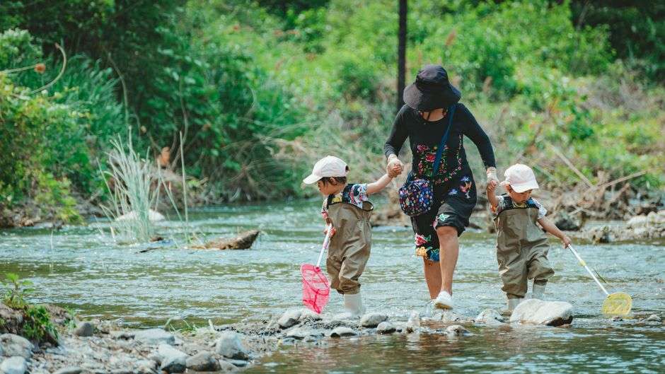 Children exploring a shallow creek during an outdoor summer camp
