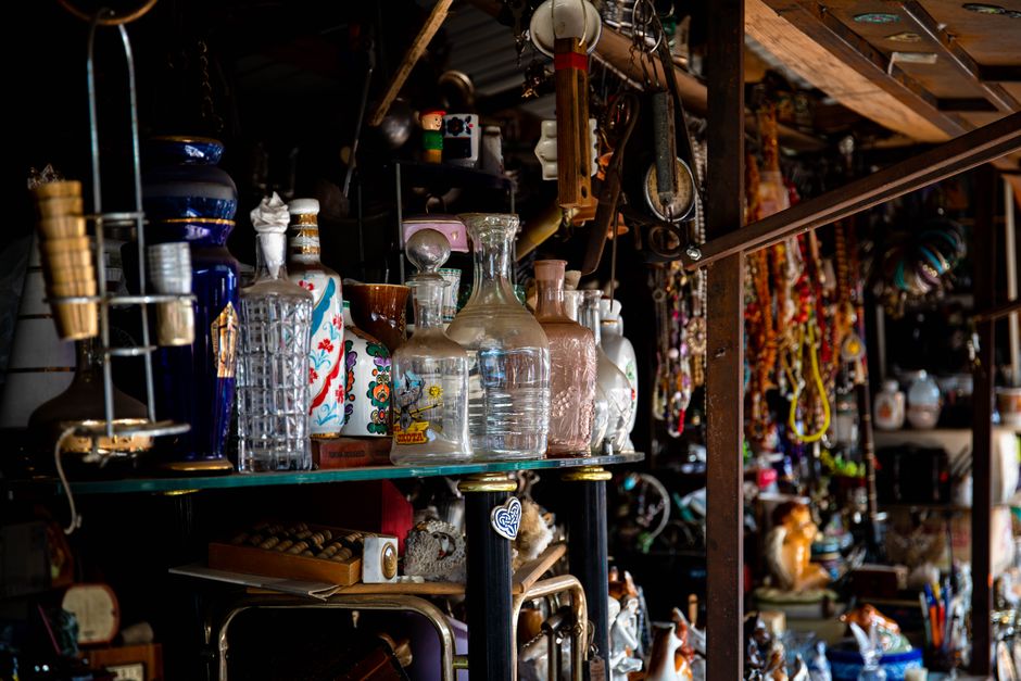 Antiques and vintage home decor arranged inside a Southern shop