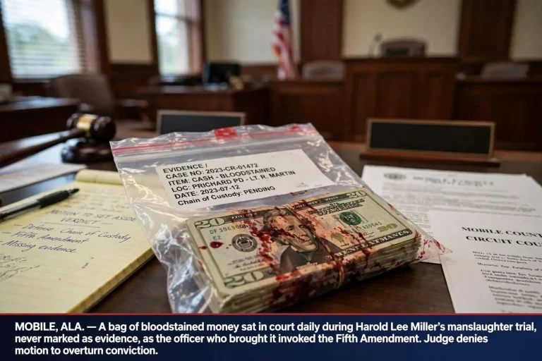 Illustration for the news story: A Bag of Bloodstained Money, a Fifth Amendment Claim, and a Bid to Undo a Mobile Manslaughter Verdict