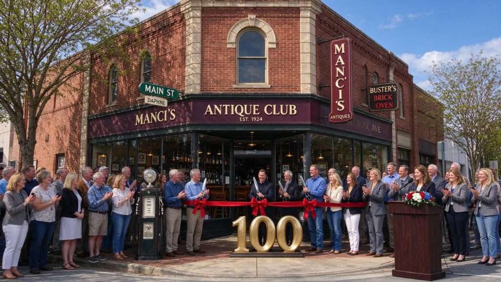 Illustration for the news story: A Cause for Celebration: Daphne’s Manci’s Antique Club Marks 100 Years on Main Street