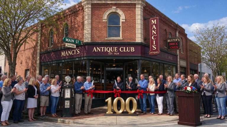 Illustration for the news story: A Cause for Celebration: Daphne’s Manci’s Antique Club Marks 100 Years on Main Street