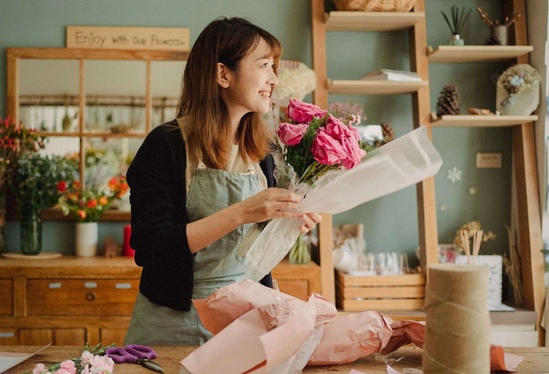 Colorful fresh flower arrangements displayed in a florist shop