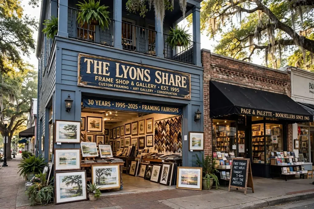 Illustration for the news story: A Coin Flip, a Flood and 30 Years of Framing: The Story Behind Fairhope’s Lyons Share
