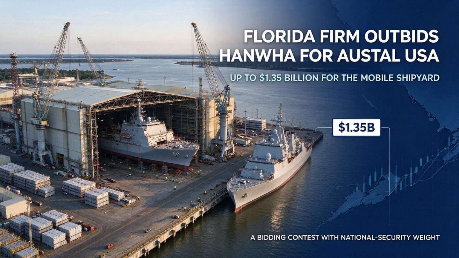 Illustration for the news story: A Florida Firm Outbids Hanwha for Austal USA, Offering Up to $1.35 Billion for the Mobile Shipyard
