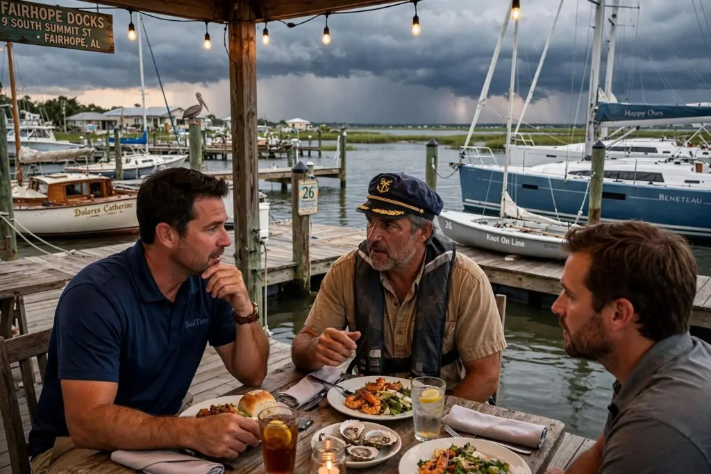Illustration for the news story: A Hurricane, a Stranded Captain and a Dinner in Fairhope: How SailTime Alabama Came to Mobile Bay