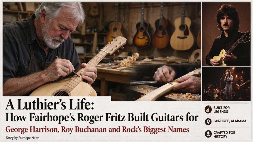 Illustration for the news story: A Luthier’s Life: How Fairhope’s Roger Fritz Built Guitars for George Harrison, Roy Buchanan and Rock’s Biggest Names