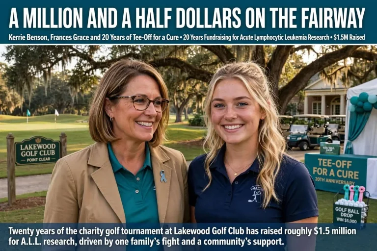 Illustration for the news story: A Million and a Half Dollars on the Fairway: Kerrie Benson, Frances Grace and 20 Years of Tee-Off for a Cure