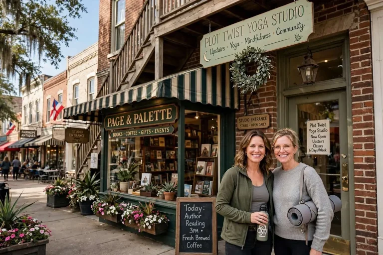 Illustration for the news story: A New Chapter Above the Bookstore: Plot Twist Yoga Studio Opens in Downtown Fairhope