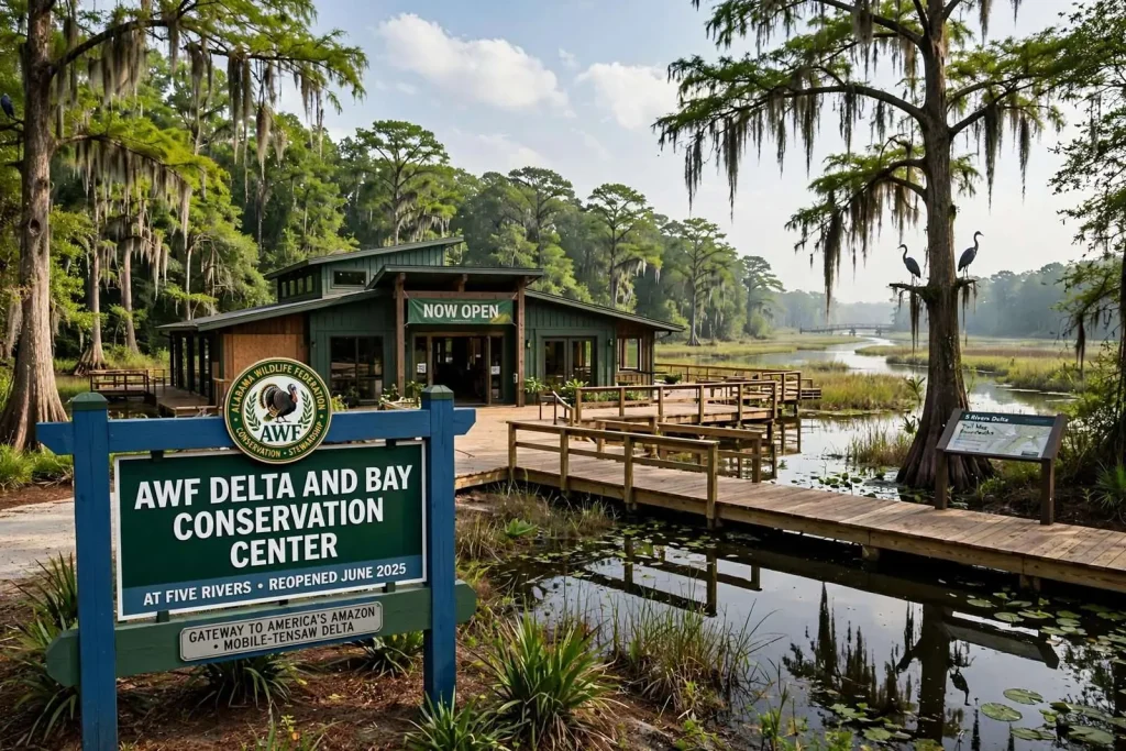 Illustration for the news story: A New Keeper for the Gateway: The Alabama Wildlife Federation Reopens the 5 Rivers Delta Center