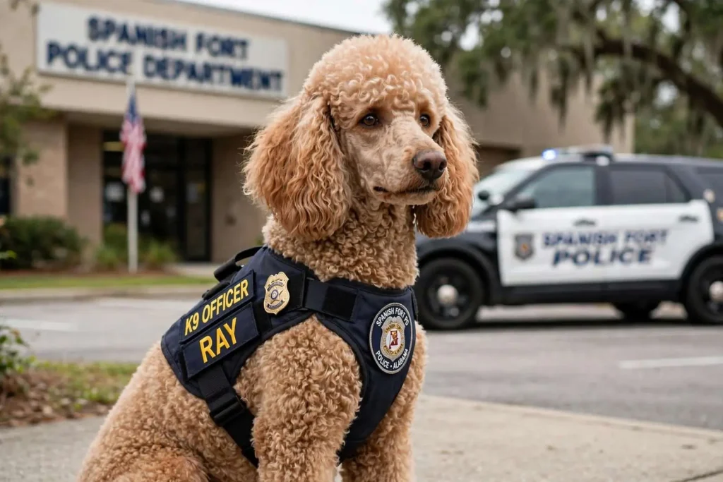 Illustration for the news story: A Poodle With a Badge: How Officer Ray Became Spanish Fort’s Most Effective Patrol Partner
