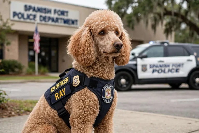 Illustration for the news story: A Poodle With a Badge: How Officer Ray Became Spanish Fort’s Most Effective Patrol Partner