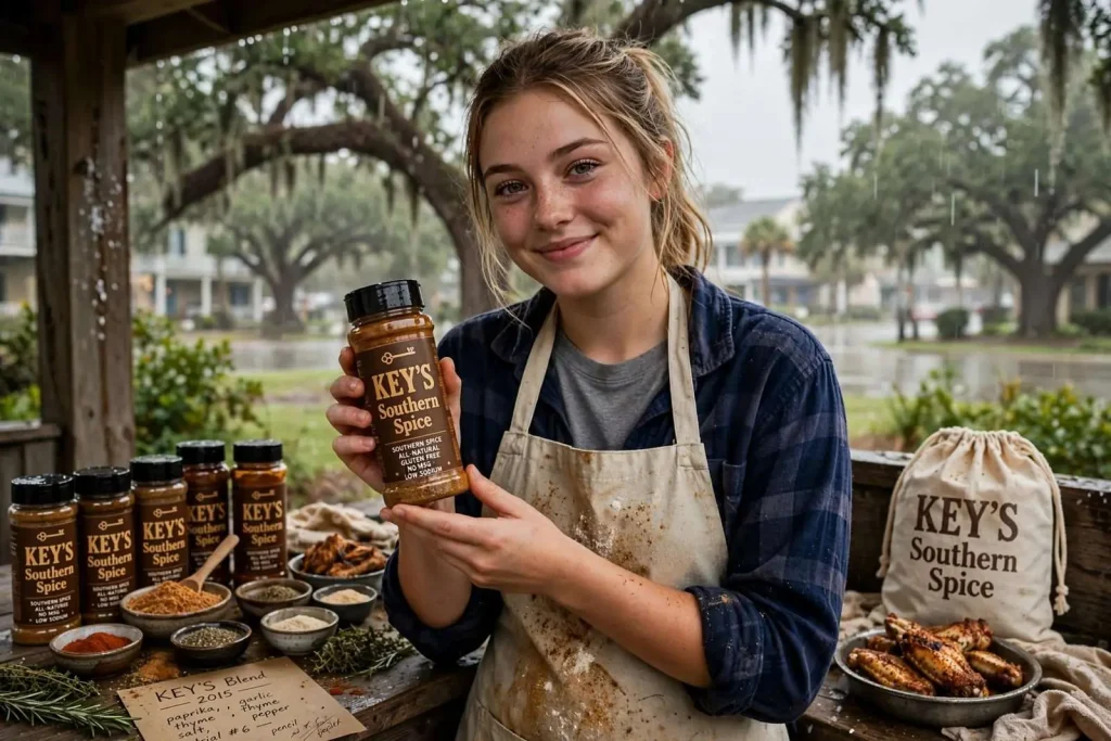 Illustration for the news story: A Rainy-Day Rub Goes National: How a Young Cook Created KEY’S Southern Spice