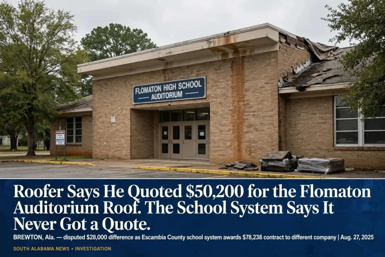Illustration for the news story: A Roofer Says He Quoted $50,200 for the Flomaton Auditorium Roof. The School System Says It Never Got a Quote.