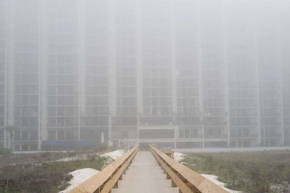 Gulf-front condo towers along the white sand beach on the Alabama Gulf Coast