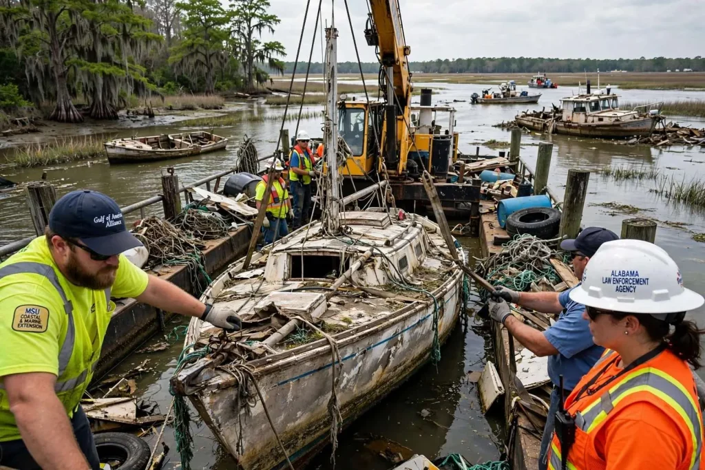 Illustration for the news story: Crews Pull 42 Abandoned Boats and Nearly 175 Tons of Debris From Alabama’s Coastal Waters