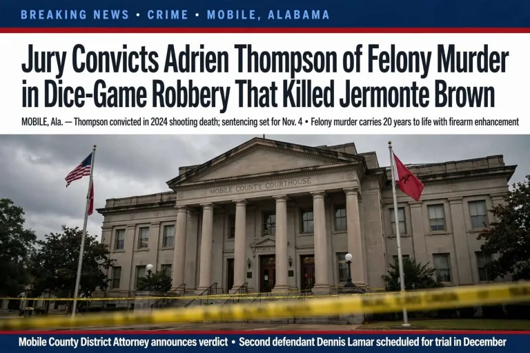 Illustration for the news story: Jury Convicts Adrien Thompson of Felony Murder in Dice-Game Robbery That Killed Jermonte Brown