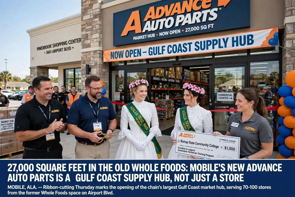 Illustration for the news story: 27,000 Square Feet in the Old Whole Foods: Mobile’s New Advance Auto Parts Is a Gulf Coast Supply Hub, Not Just a Store