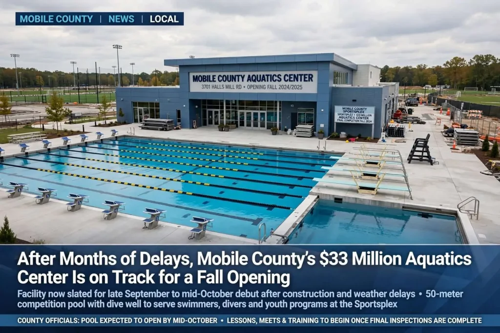 Illustration for the news story: After Months of Delays, Mobile County’s $33 Million Aquatics Center Is on Track for a Fall Opening