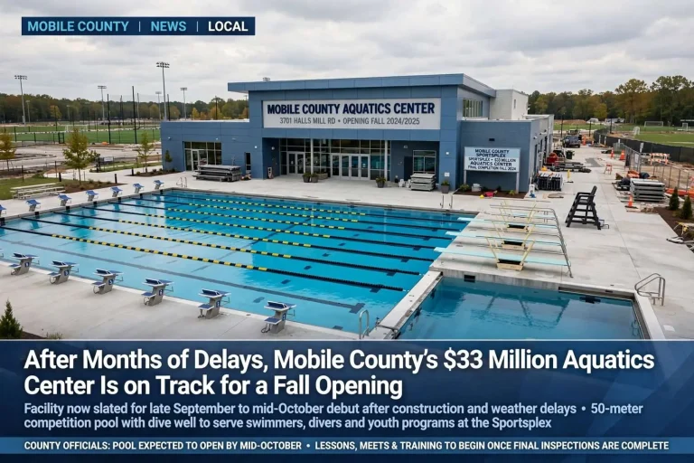Illustration for the news story: After Months of Delays, Mobile County’s $33 Million Aquatics Center Is on Track for a Fall Opening
