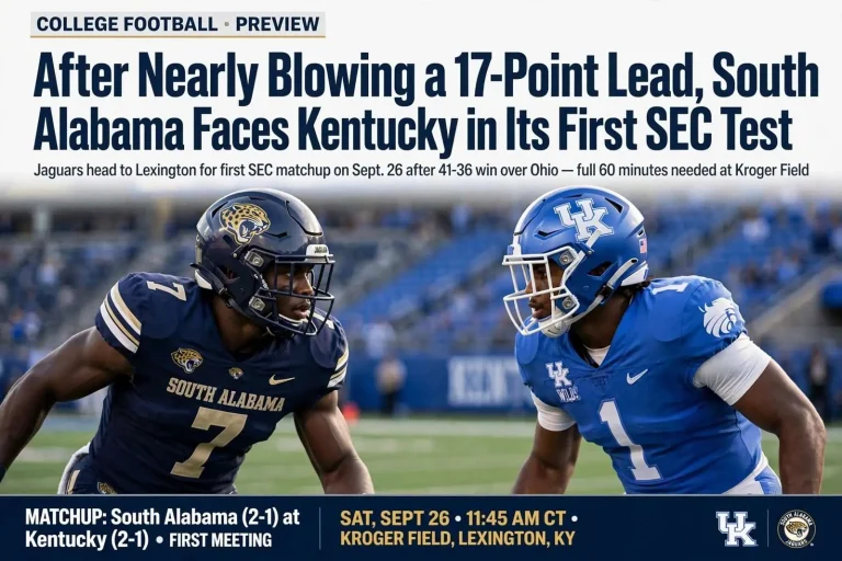 Illustration for the news story: After Nearly Blowing a 17-Point Lead, South Alabama Faces Kentucky in Its First SEC Test