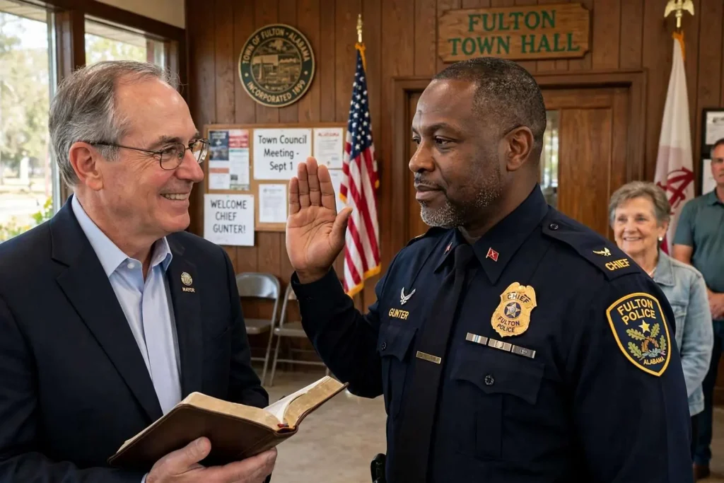 Illustration for the news story: After Two and a Half Years Without an Officer, Fulton Swears In Police Chief Hiram Gunter