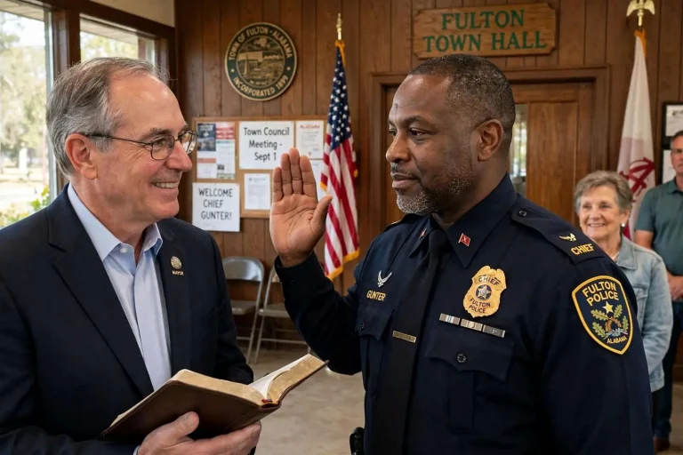 Illustration for the news story: After Two and a Half Years Without an Officer, Fulton Swears In Police Chief Hiram Gunter