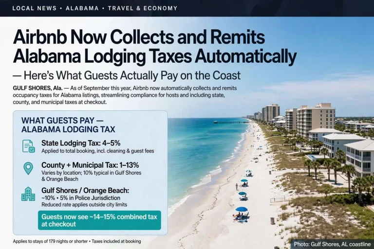 Illustration for the news story: Airbnb Now Collects and Remits Alabama Lodging Taxes Automatically — Here’s What Guests Actually Pay on the Coast