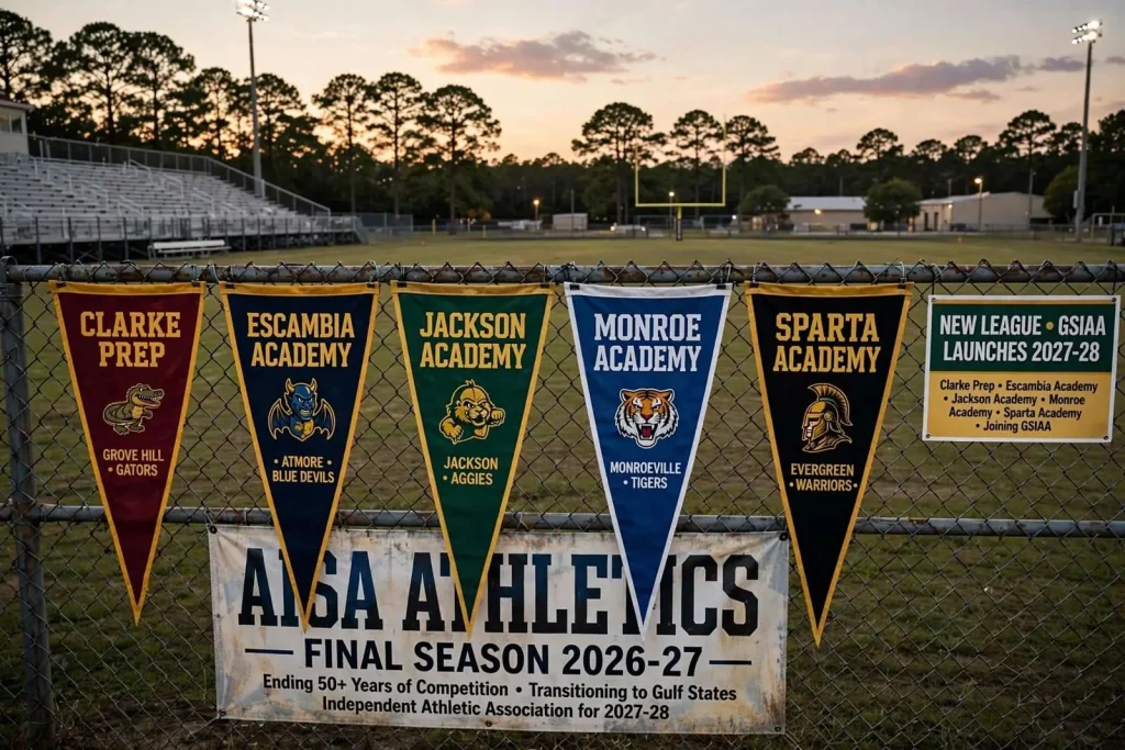 Illustration for the news story: AISA Athletics to End After 2026-27; Five South Alabama Private Schools Head to New GSIAA