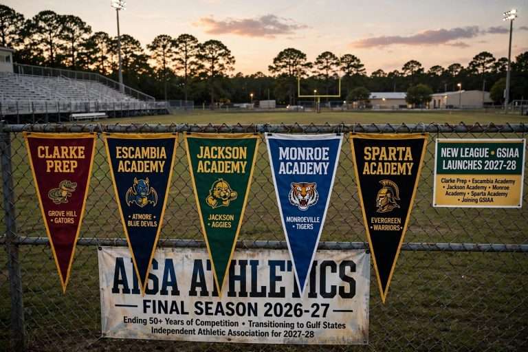 Illustration for the news story: AISA Athletics to End After 2026-27; Five South Alabama Private Schools Head to New GSIAA