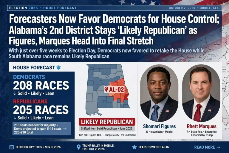 Illustration for the news story: Forecasters Now Favor Democrats for House Control; Alabama’s 2nd District Stays ‘Likely Republican’ as Figures, Marques Head Into Final Stretch