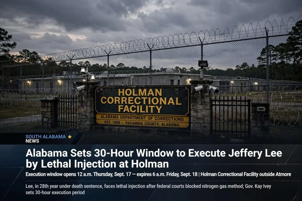 Illustration for the news story: Alabama Sets 30-Hour Window to Execute Jeffery Lee by Lethal Injection at Holman
