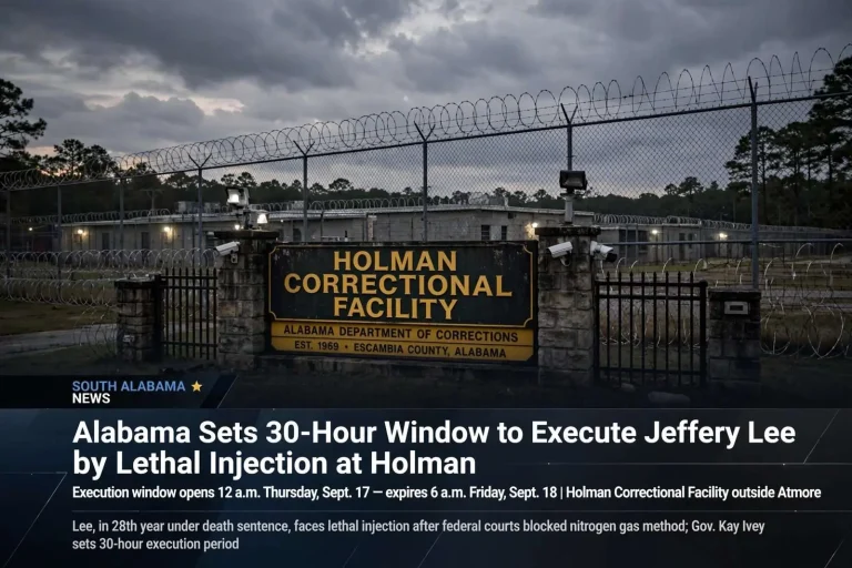 Illustration for the news story: Alabama Sets 30-Hour Window to Execute Jeffery Lee by Lethal Injection at Holman