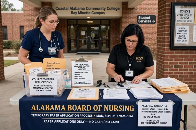 Illustration for the news story: Alabama’s Nursing Board Is Still Rebuilding After a Sept. 1 Cyberattack. For One Week, Nurses Can File on Paper in Bay Minette.
