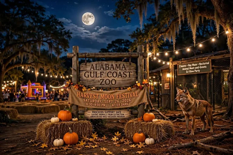 Illustration for the news story: Alabama Gulf Coast Zoo opens after dark for Harvest Moon Festival, with proceeds aiding red wolf recovery