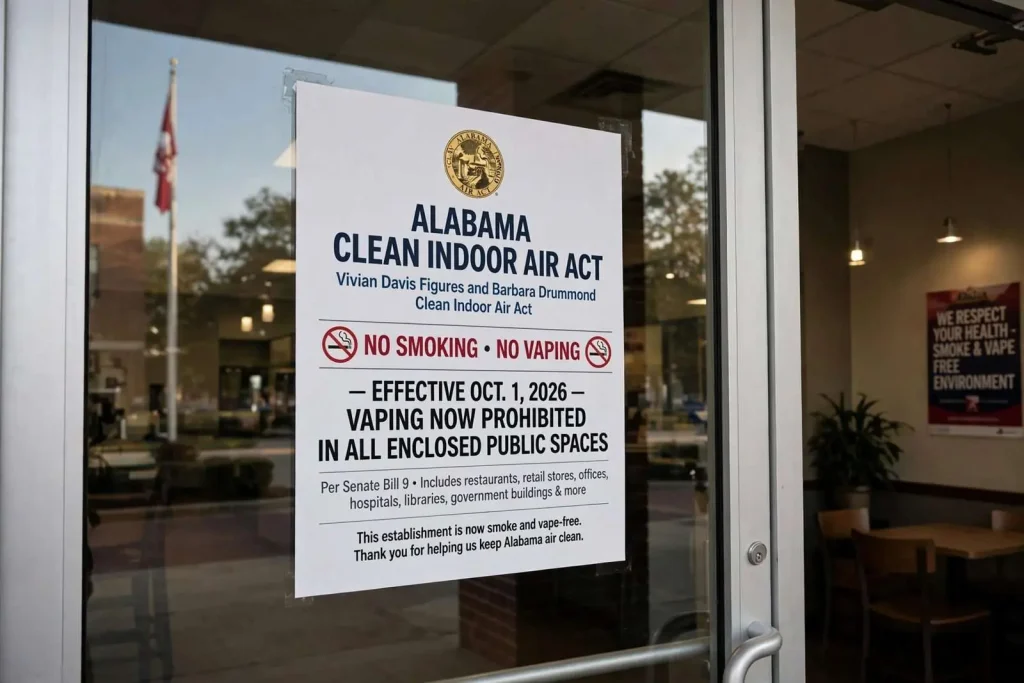 Illustration for the news story: Alabama’s Indoor Vaping Ban Starts Oct. 1: E-Cigarettes Added to Clean Indoor Air Act