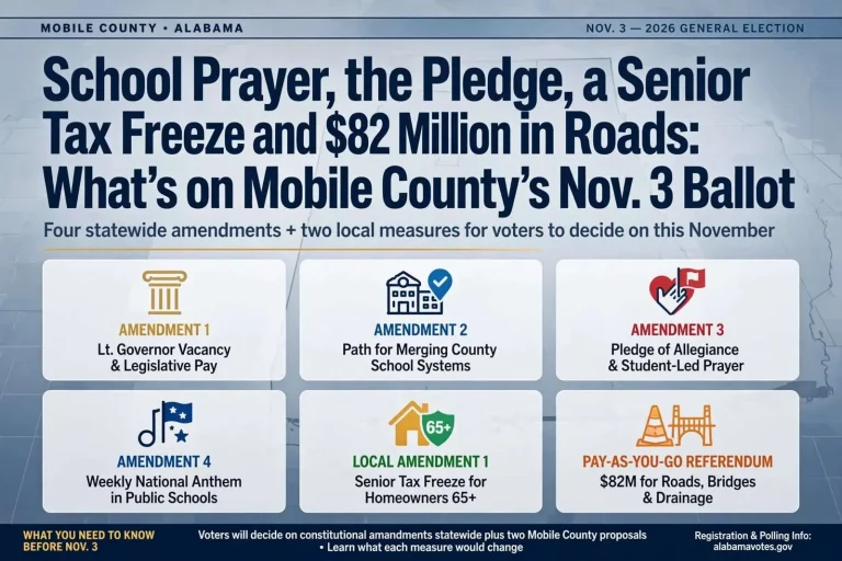 Illustration for the news story: School Prayer, the Pledge, a Senior Tax Freeze and $82 Million in Roads: What’s on Mobile County’s Nov. 3 Ballot