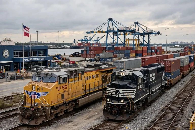 Illustration for the news story: Alabama Port Authority Enters the Federal Fight Over an $85 Billion Union Pacific-Norfolk Southern Merger