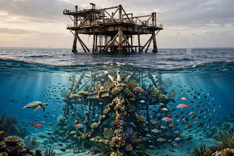 Illustration for the news story: A Gas Rig 60 Miles Offshore Becomes Two Reefs — and a $1.5 Million Donation