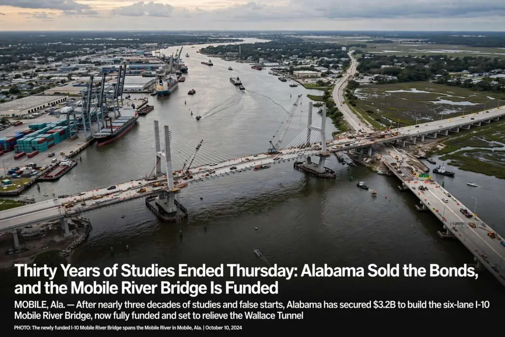 Illustration for the news story: Thirty Years of Studies Ended Thursday: Alabama Sold the Bonds, and the Mobile River Bridge Is Funded