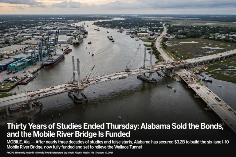 Illustration for the news story: Thirty Years of Studies Ended Thursday: Alabama Sold the Bonds, and the Mobile River Bridge Is Funded