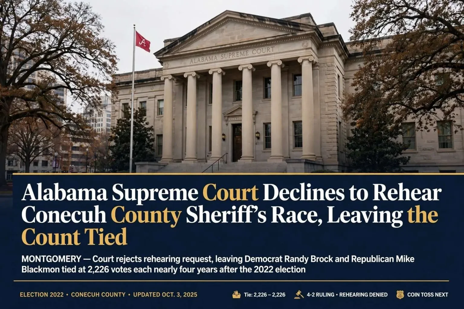 Illustration for the news story: Alabama Supreme Court Declines to Rehear Conecuh County Sheriff’s Race, Leaving the Count Tied