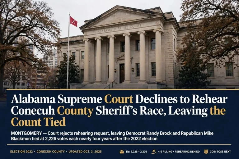 Illustration for the news story: Alabama Supreme Court Declines to Rehear Conecuh County Sheriff’s Race, Leaving the Count Tied