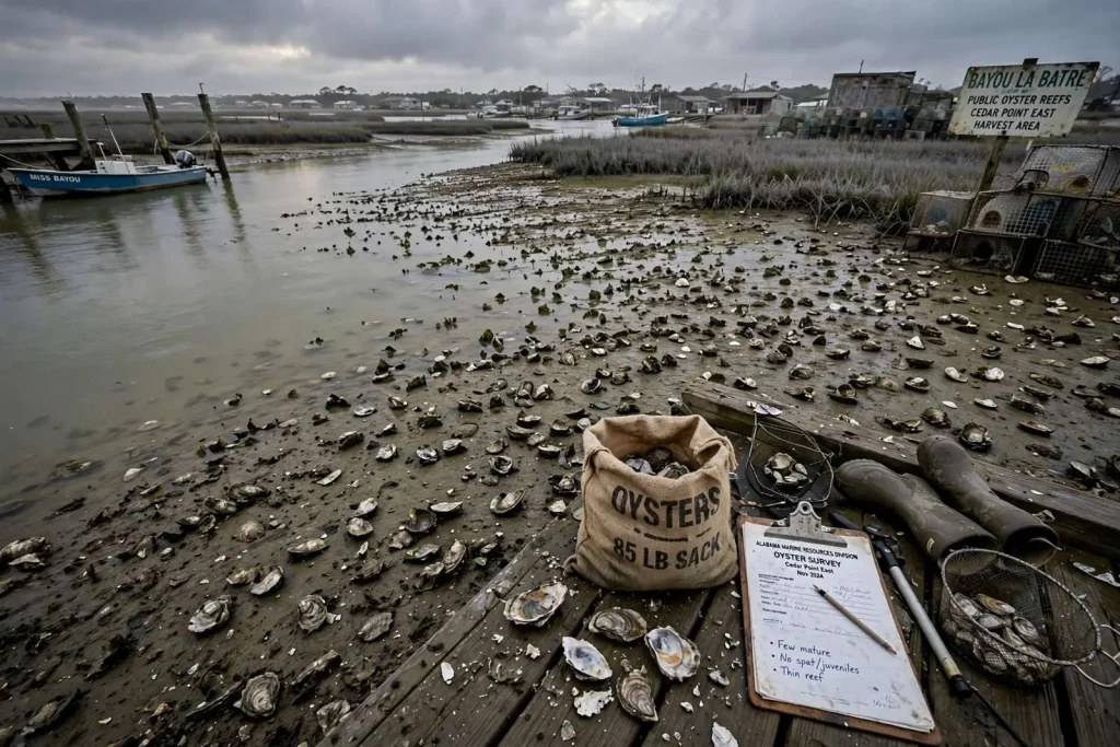 Illustration for the news story: Alabama’s Wild Oyster Season Opens Nov. 2 With the Thinnest Reefs Biologists Have Seen in Years