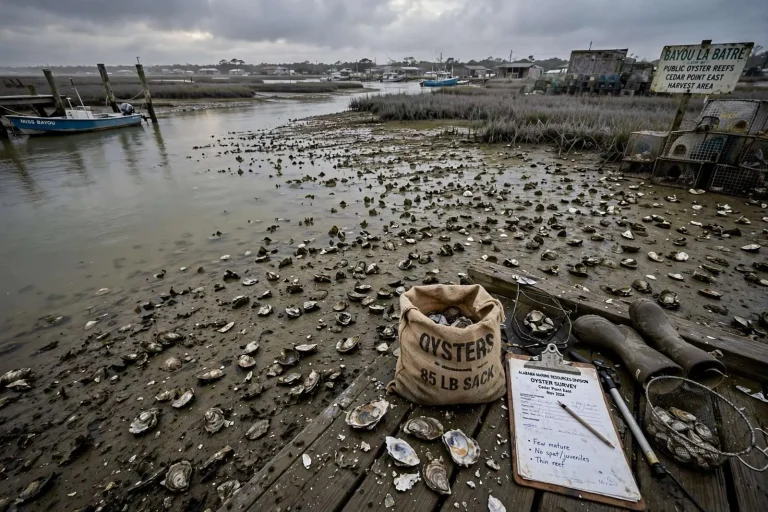 Illustration for the news story: Alabama’s Wild Oyster Season Opens Nov. 2 With the Thinnest Reefs Biologists Have Seen in Years
