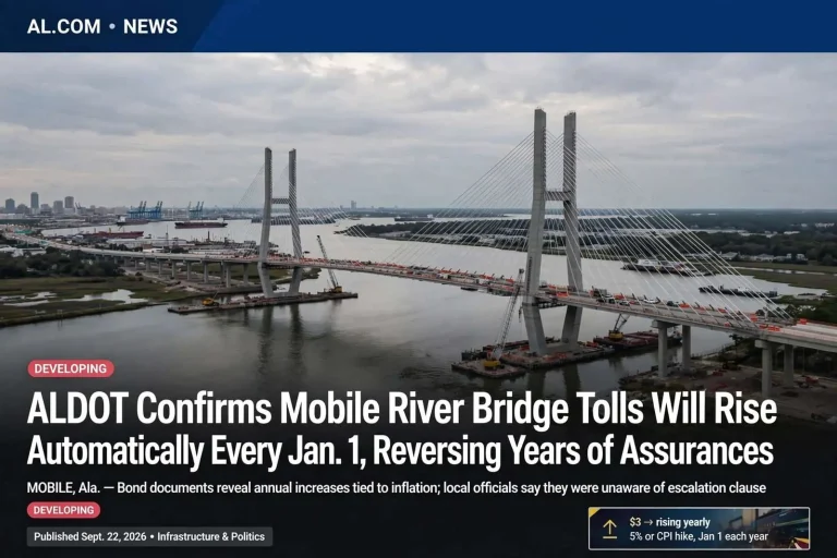 Illustration for the news story: ALDOT Confirms Mobile River Bridge Tolls Will Rise Automatically Every Jan. 1, Reversing Years of Assurances