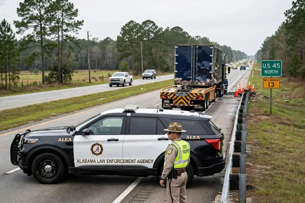 Illustration for the news story: All Lanes Reopen on U.S. 45 in Mobile County After Commercial Vehicle Crash