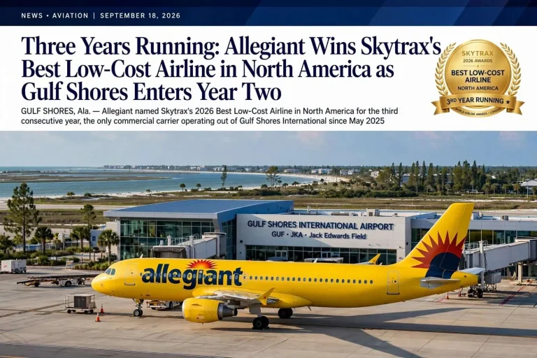 Illustration for the news story: Three Years Running: Allegiant Wins Skytrax’s Best Low-Cost Airline in North America as Gulf Shores Enters Year Two