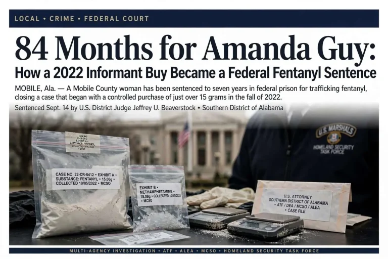 Illustration for the news story: 84 Months for Amanda Guy: How a 2022 Informant Buy Became a Federal Fentanyl Sentence