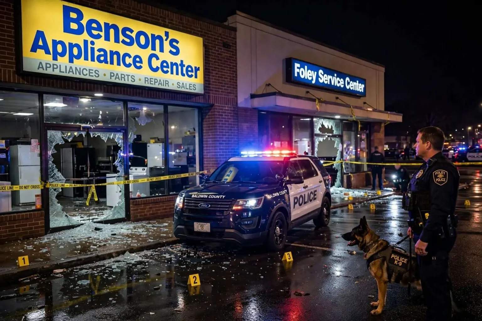 Illustration for the news story: An Alarm at Benson’s Appliance Center Led Foley Police to a Second Break-In Across the Street